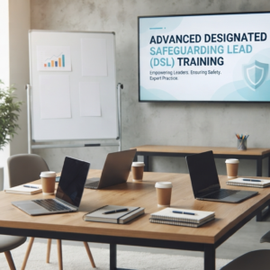 Professional training cover for an Advanced Designated Safeguarding Lead (DSL) course featuring safeguarding professionals collaborating in a modern educational or workplace setting.