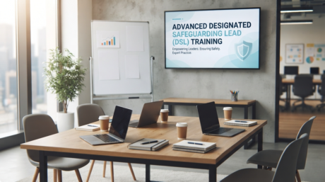 Professional training cover for an Advanced Designated Safeguarding Lead (DSL) course featuring safeguarding professionals collaborating in a modern educational or workplace setting.